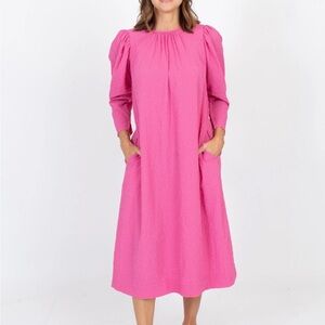 [By Timo] Pink Textured Puff Sleeve Midi Dress - Size Small